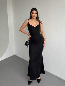 Women Solid Color Knitted Sexy Mermaid Style Casual Spring/Summer Holiday Dress - Black - View 5