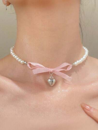 1 Piece French Pink Heart Bow Versatile Pearl Necklace Niche Design Sweet And Pure Clavicle Chain