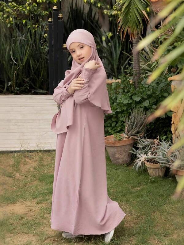 2 Stücke/Set Hijab + Abaya Kleid, modischer süßer Stil einfarbiger Hijab und langer Morgenmantel, Mädchen Kinder in Pink, Blau, Grün, bequeme Freizeitkleidung, Kleid mit Rüschensaum