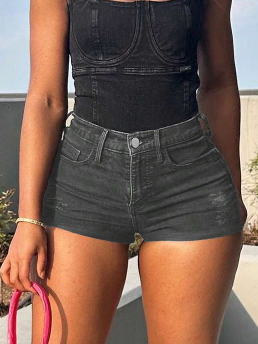 Women's Summer New Arrival Ripped Pocket Denim Shorts, European And American Style - Dark Grey - View 1