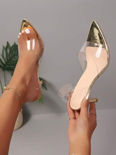 女士时尚高跟凉鞋，透明水晶鞋跟仙女风格高跟鞋，女士尖头透明绑带凉鞋，性感简约透明高跟鞋，适合派对和夜总会的时尚高跟鞋