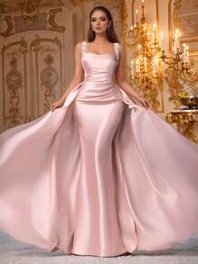 VIPGIRL Vestido de satén sin mangas con drapeado en color rosa champán, con tirantes de lentejuelas y cola larga. Vestido formal elegante de sirena para mujeres, vestidos de graduación, vestidos de noche, vestidos de invitada de boda, lujoso y glamoroso vestido de gala