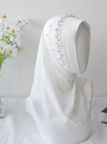 1pc Girls Beaded Solid Color Soft Headscarf, Comfortable Loose Fit Hijab Scarf - White Beaded Headscarf - View 13