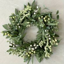 Latest 19.69inch Spring Artificial Pomegranate Olive Grape Leaf Wreath, Green, Classic Plastic, With Floral Garland, For DIY Decoration, Front Door, Wall, Wedding, Party, Home - 綠色 - 查看 1