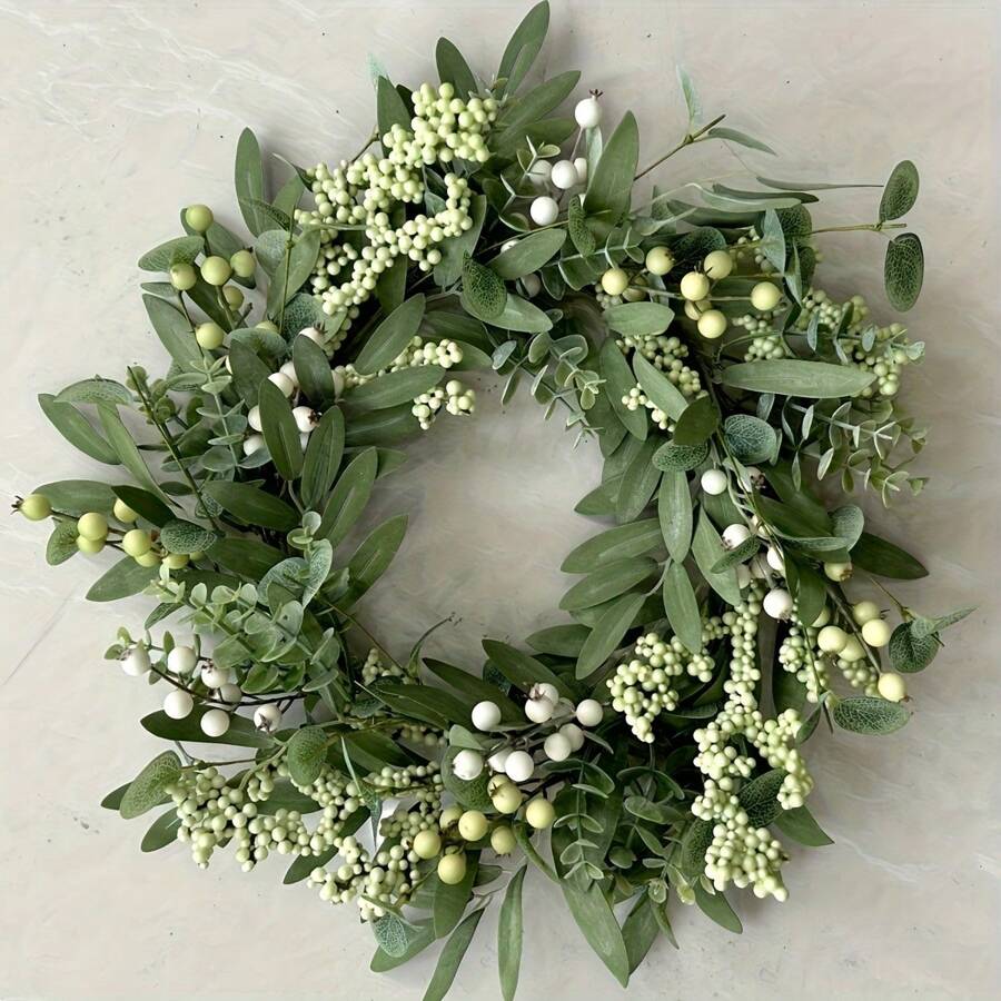 Latest 19.69inch Spring Artificial Pomegranate Olive Grape Leaf Wreath, Green, Classic Plastic, With Floral Garland, For DIY Decoration, Front Door, Wall, Wedding, Party, Home - 綠色 - 查看 1