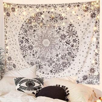 1 Pc Bohemian Tapestry Wall Hanging, Beige White Floral Tapestry With Dotted Daisy Medallion Print Bedroom Boho Hippie Home Decor Rama Decoration Rama Gifts Birthday Graduation
