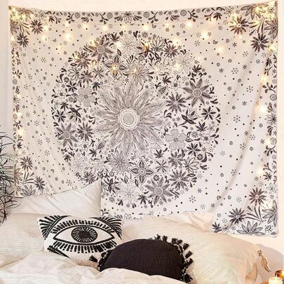 1 pieza Tapiz de pared bohemio, tapiz floral beige y blanco con estampado de medallón de margaritas punteadas para decoración del hogar boho hippie en el dormitorio