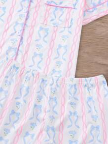 ROMWE Kawaii 2pcs/Set Women's Pajama Set, Bow Print, Women's Loungewear, Spring/Summer Holiday Outfit, Short Sleeve Top And Shorts Set - Blue - View 8