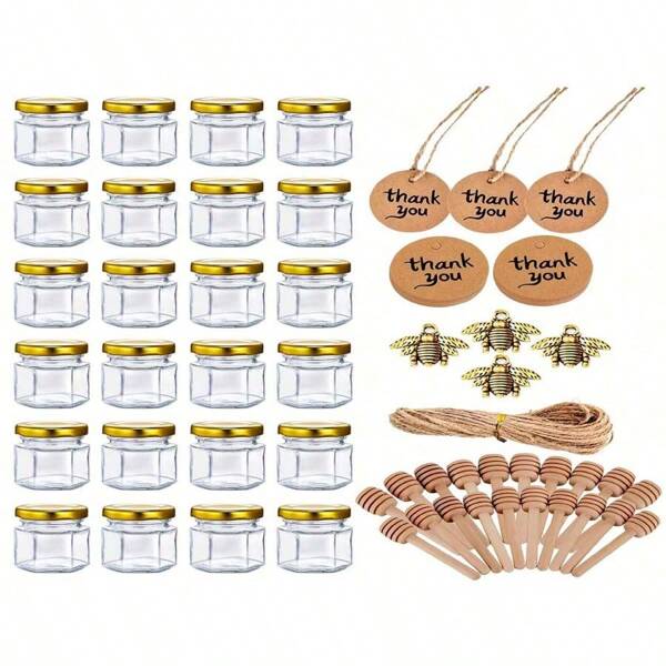 5/10/20/25 Honey Jar, 1.5 Oz Hexagonal Glass Honey Jar With Wooden Spoon, Gold Lid, Bee Pendant And Jute Rope, Wedding Favors Party Favors, Party Supplies, Holiday Favors, Back, Kitchen, Christmas Favors
