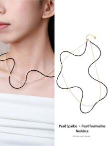 [VE] 1pc High-Quality S925 Silver Natural Black Beryl & Cultured Pearl Necklace, The Smooth Luster Of Natural Freshwater Pearl Beads Complements The Mysterious Depth Of Black Beryl, Displaying Elegant And Powerful Harmony. Pearl Represents Purity And Nobility, While Black Beryl Symbolizes Protection And Courage. Random Jewelry Color - Necklace - View 1