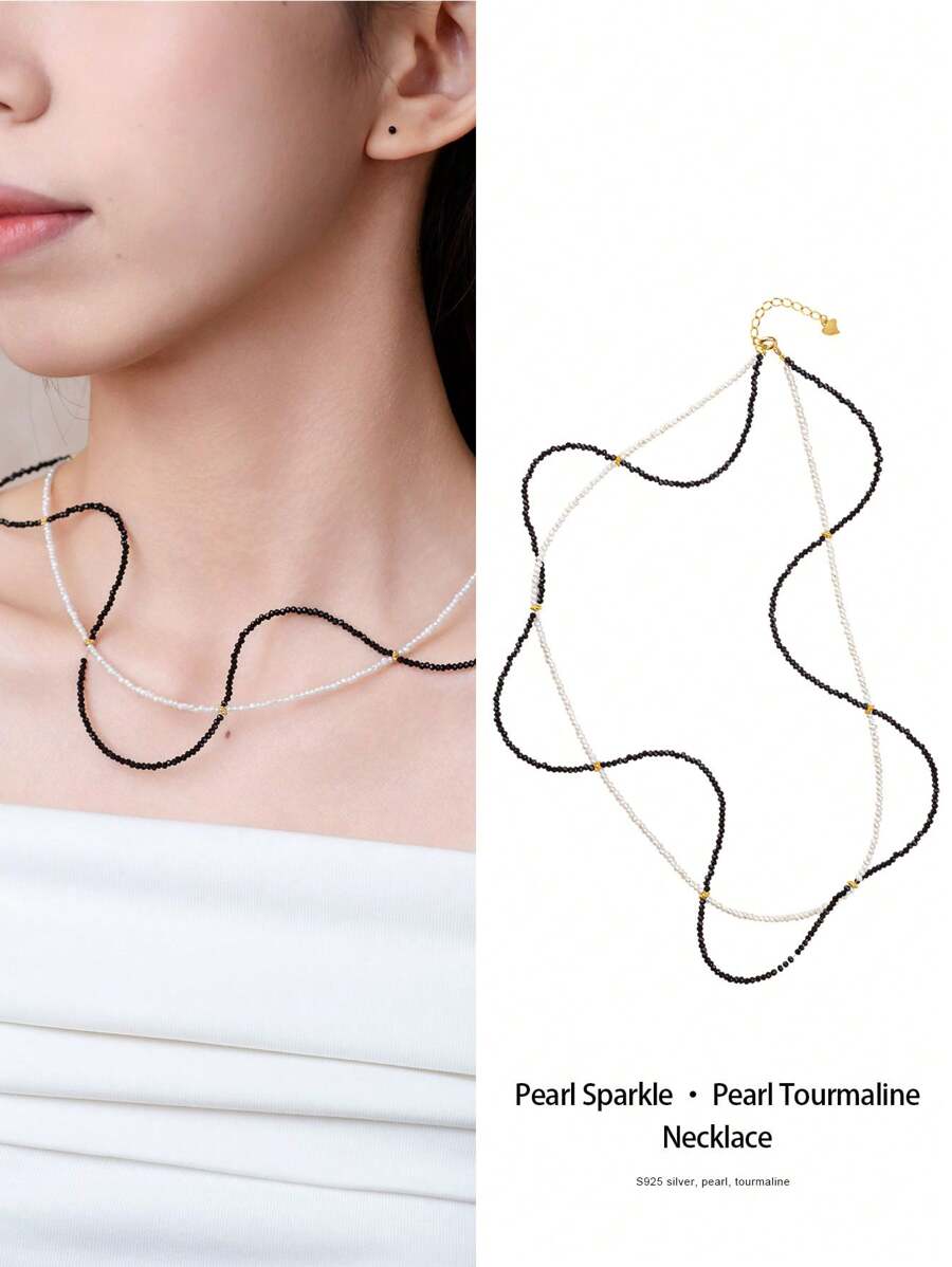 [VE] 1pc High-Quality S925 Silver Natural Black Beryl & Cultured Pearl Necklace, The Smooth Luster Of Natural Freshwater Pearl Beads Complements The Mysterious Depth Of Black Beryl, Displaying Elegant And Powerful Harmony. Pearl Represents Purity And Nobility, While Black Beryl Symbolizes Protection And Courage. Random Jewelry Color - Necklace - View 1