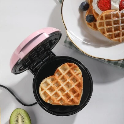 SCISHARE 1pc 350W Wall Plug-In 4-Inch Mini Waffle Maker, Suitable For Single Serving, Making Panini, Hash Browns And Other Portable Breakfast, Lunch Or Snacks, Easy To Clean, Non-Stick Coating, Pink Heart Pattern