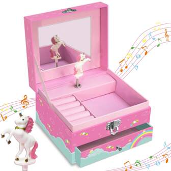 Joyero musical para mujeres con cajón, decorado con un unicornio revoloteando, diseño lindo de unicornio rosa, organizador coleccionable para aretes, collares, pulseras y anillos, regalo de cumpleaños, organizador de almacenamiento de verano, regalo de vuelta al colegio