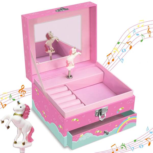 Caixa de Jóias Feminina - Caixa de Jóias Musical com Gaveta, Decorada com Unicórnio Esvoaçante, Design de Unicórnio Rosa Fofo, Colecionável para Brincos, Colares, Pulseiras, Organizador de Memórias de Anéis, Presente de Aniversário, Organizador de Armazenamento de Verão, Presente Escolar