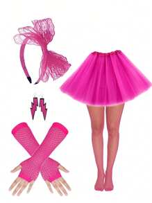 Set de 7 piezas de accesorios de disfraz de fiesta de cosplay con estilo retro de los 80 y 90, que incluye: diadema con lazo de encaje, falda sexy, faldas de malla, medias de red, aretes con diseño de relámpago, para usar en Baile de graduación, Día de San Valentín, festivales de música, Halloween
