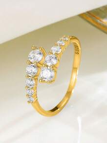 1pc S925 Sterling Silver Zirconia Sparkle Double Row Adjustable Open Ring For Women, Everyday Wear Unique Quality Personalized Gift