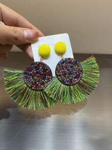 2 Pieces Vintage Bohemian Style Fringed Pendant Earrings With Colorful Rhinestones, Suitable For Women Holidays And Party Wear