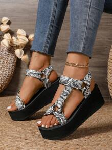Women's New Snake Print Lace-Up Wedge Sandals - Fashionable Summer Shoes, Lightweight And Comfortable For Casual Wear, Elastic Criss-Cross Straps Design Non-Binding Beach High Heel Sandals, Ideal For Summer
