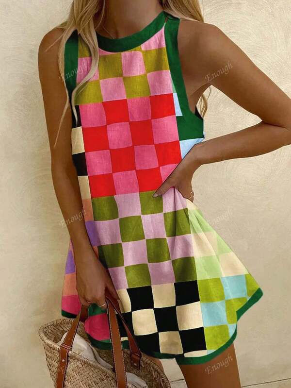 BOHO Seaside Resort Sleeveless Colorful Plaid Women's Short Dresses