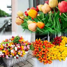 1/5/10/30PCS PU Artificial Tulip Plastic Flowers Bouquet Mother's Day Gifts Birthday Party Decoration Wedding Flower Basket Bride Holding Flowers Home Decoration Dining Room Bedroom Windowsill Vase Decoration New Year Decoration Outdoor Garden Start Of School Season