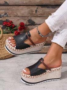 Sandalias de plataforma de paja tejida estilo europeo de lujo, ¡sandalias de verano! Tacón de cuña con punta abierta, suela blanda y gruesa, adecuadas para ir y venir y vacaciones - Negro - Ver 2