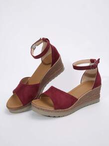 Women's Summer New Fashion Peep Toe Ankle Strap Wedge Sandals - Burgundy - View 9