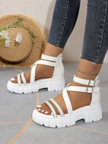 女士简约时尚度假风系带编织凉鞋，女神风坡跟厚底凉鞋，适合户外散步、沙滩，加大码 - 白色 - 查看 6
