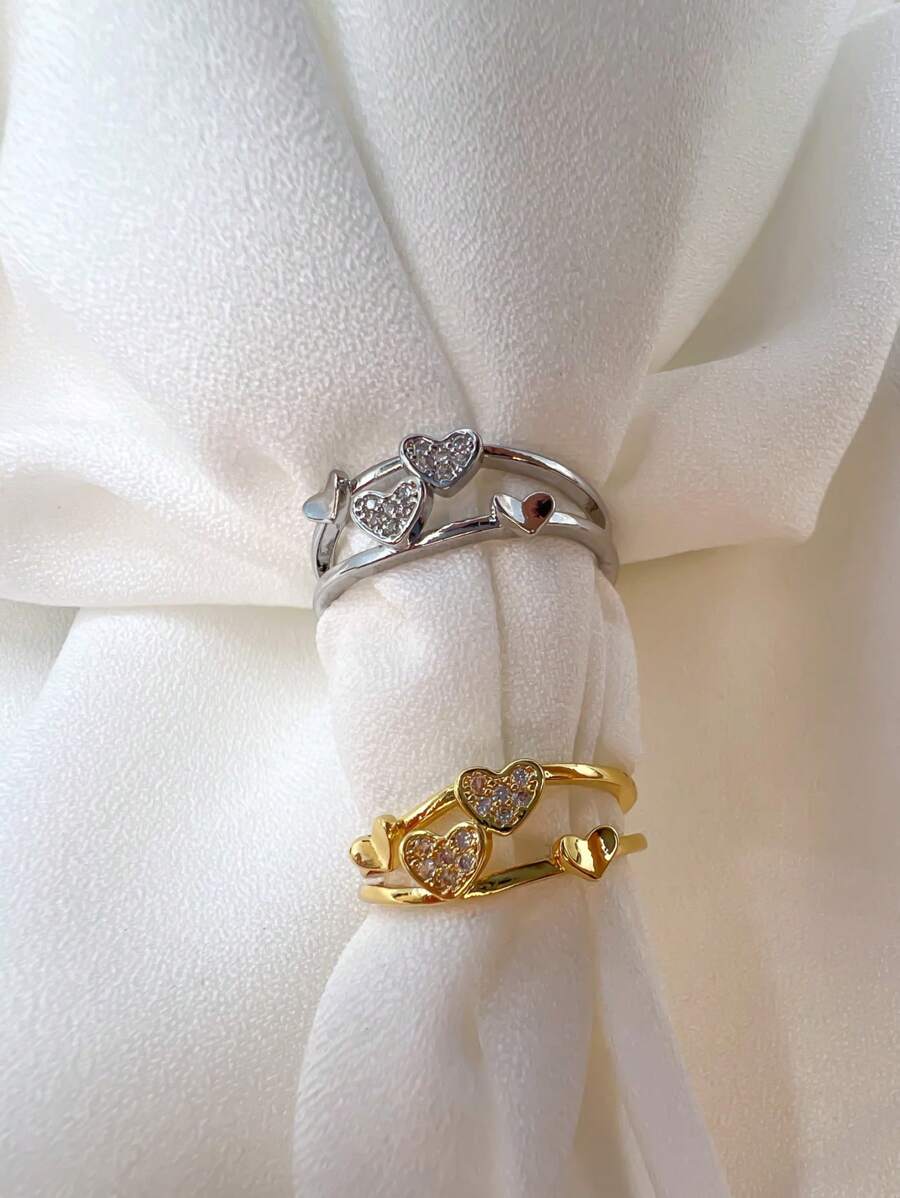 Double Hearts Wire Ring Studded With Zirconia Stone For Women Jewelry Accessories 18k Gold Plated And 925 Silver - 銀色 - 查看 1