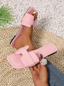 New Spring/Summer Fashion Casual Open Toe Strap Flat Slippers For Women, Comfortable Flat Sandals Beach Shoes, Minimalist Design, Versatile - Pink - View 3