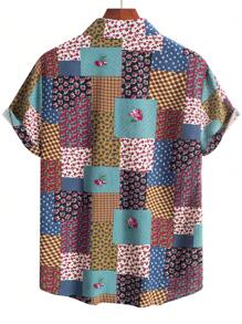 Men's Casual Plaid & Ditsy Floral Patchwork Print Short Sleeve Vacation Shirt