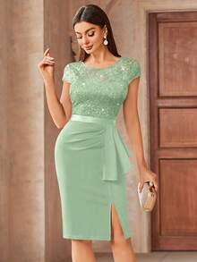 MIUSOL Elegant Contrast Lace Sequin Insert Ruffle Trim Ruched Wrap Hem Bodycon Dress,Semi Formal Women Dress,For Cocktail Party,Vacation, Graduation, Dinner