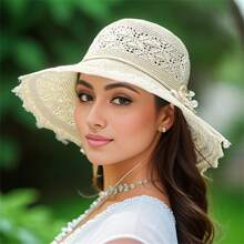 1pc Elegant Women's Breathable Sun Hat, Durable Foldable Wide Brim Beach Hat For Beach And Outdoor Use, UV Protection, Polyester, Beach Hat - Multicolor - View 3