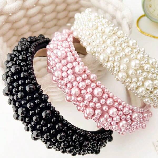 1pc Handmade Baroque Sea Sponge Pearl Headband, Luxurious Fashion Wide Headwrap For Evening Party, Polka Dot Solid Color Bohemian Palace Style, Retro Hair Band Hair Hoop
