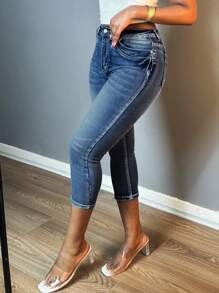 Women Fashion Vintage Washed Denim Pants Small Legs Button-Up Zipper Open Slim-Fit Stretchy Jeans - Rửa tối - Xem 4