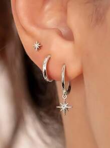 Set de 1/3 piezas de pendientes mini elegantes y de moda, pendientes de clip decorados con zirconia en forma de estrella, adecuados para festivales, vacaciones, fiestas, citas, regalos y uso diario - Multicolor - Ver 6