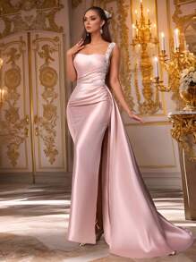VIPGIRL Vestido de satén sin mangas con drapeado en color rosa champán, con tirantes de lentejuelas y cola larga. Vestido formal elegante de sirena para mujeres, vestidos de graduación, vestidos de noche, vestidos de invitada de boda, lujoso y glamoroso vestido de gala