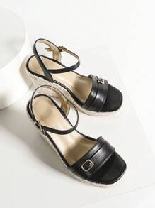 Damen Schwarze High Heel Plateau Keil Sandalen, Dicke Absatz Boho Stil bequeme Arbeits Sandalen 6cm quadratischer Absatz mit Schnalle, minimalistisch sexy