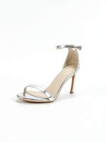 春夏女士银色性感高跟露趾踝带细高跟鞋，时尚简约优雅鞋履 - 銀色 - 查看 8