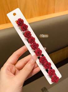10 件装红色花朵发夹，甜美时尚发饰 - 紅色 - 查看 3