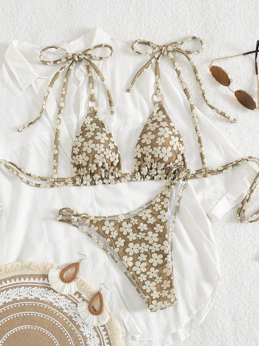 Nowe modne drobne kwiatowe seksowne bikini halter z metalowym akcentem pierścieniowym, dwuczęściowy strój kąpielowy dla kobiet, wiosna/lato