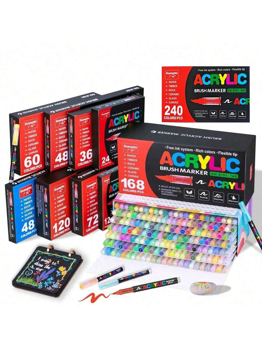 GuangNa 12/24/48/72/100/120/168/240 Colors Acrylic Paint Markers, Soft Brush Tip Paint Pens And Paint Markers, Acrylic Paint Pens For Wood, Stone, Canvas, Glass, Fabric, Egg, Rock Painting And DIY Crafts Art Supplies