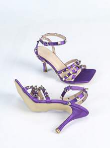 Giày cao gót mũi vuông màu tím cho nữ, giày tây đinh tán đa năng thoải mái, giày cao gót gợi cảm cho tiệc tùng, kết hợp với váy, tăng chiều cao và hiệu ứng thon gọn - Màu tím - Xem 6