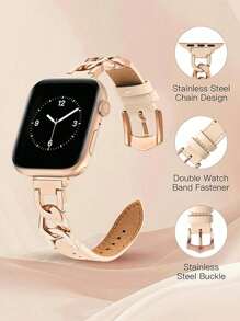 1 件男女通用时尚休闲奢华银色/金色/玫瑰金金属手链腕带，配柔软卡其色皮革表带，可调节，兼容 Ultra 3 2 1 SE 9 8 7 6 5 4 3 2 1 系列 10 S42mm S46mm 38mm 40mm 41mm 42mm 44mm 45mm 49mm 智能手表配件表带 - 卡其色 - 查看 2
