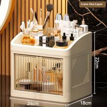 1-Set 3-Layer Crown Design Foldable Drawers Makeup Organizer Box, Cream White Color, Suitable For Cosmetics, Lipsticks, Skincare Products, Desk Top Storage, Thickened & Enlarged Easy To Carry