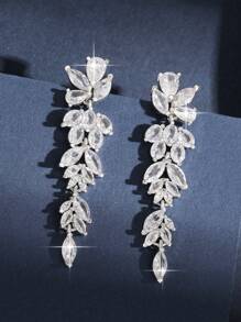 1pair Elegant Leaf Flower CZ Women Long Wedding Earrings With AAA Cubic Zirconia Dangle Earrings Jewelry - Silver - View 6