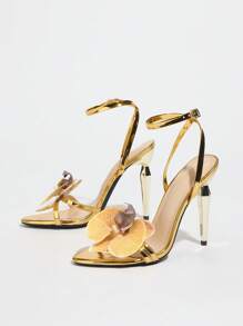 Sandalias de tacón alto con textura de flores 3D y orquídeas, material brillante, tacón delgado metálico, elegantes para fiestas nocturnas, banquetes, moda de celebridades al aire libre, zapatos para mujer color dorado