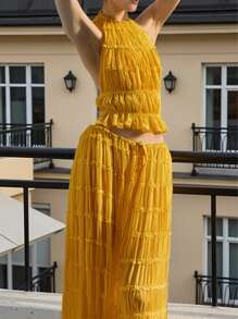 DECODE DIVA Chiffon Ruffle Lace Trim Halter Backless Top & Maxi Skirt,Two Pieces Dress Set,Romantic Elegance Two Pieces Outfit ,Back To School,Casual Outfit,For Beach Vacation,Spring&Hot Summer&Fall Autumn Season - 黃色 - 查看 3