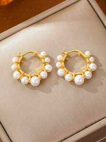 1 Pair Of High-End Wedding Party Earrings Featuring Cultivated Pearls, Crafted With 18K Gold Plating To Showcase Elegance And Luxury, Artistic Accessory For Graceful Moments, Packaged In Velvet Bag - Beige - View 5