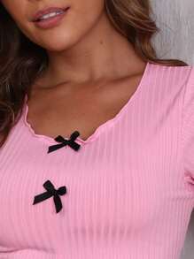 Women's Elastic Ribbed Frill Edge Sweet Bowknot Pullover Short Sleeve & Shorts Homeware Set, 2 Pieces, Comfortable For Spring & Summer - Pink - View 9