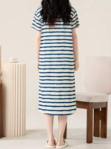 AICJ 1 pieza Vestido camisón casual de media longitud con cuello redondo, manga corta, estampado de rayas y gráfico de letras, adecuado para primavera, Día de la Madre, San Valentín, Año Nuevo